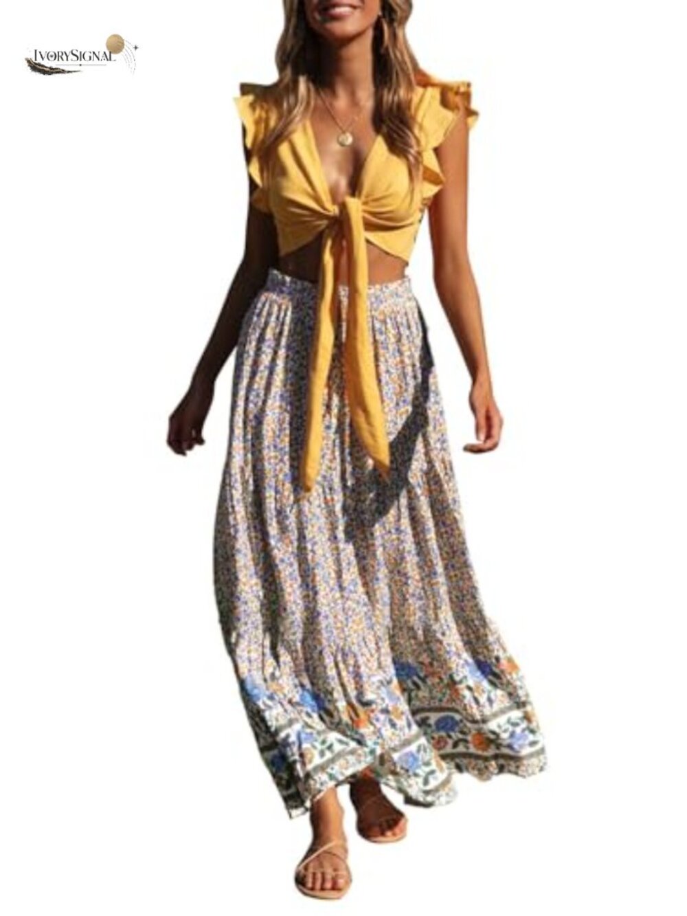 Women's Bohemian Floral A-Line Maxi Skirt Elastic Waist Ruffled Hem